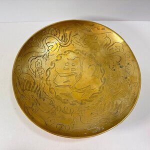 Vintage Brass Round Engraved Dragon Chinese Bowl Dish 10" across